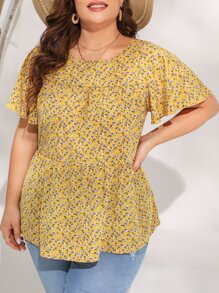SHEIN VCAY Plus Ditsy Floral Butterfly Sleeve Blouse - Mustard Yellow - View 2