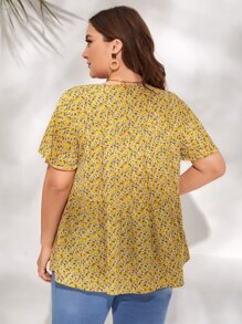 SHEIN VCAY Plus Ditsy Floral Butterfly Sleeve Blouse - Mustard Yellow - View 3