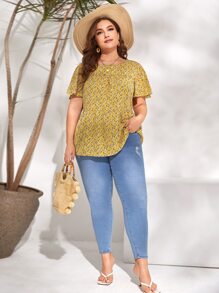 SHEIN VCAY Plus Ditsy Floral Butterfly Sleeve Blouse - Mustard Yellow - View 4