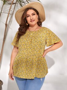 SHEIN VCAY Plus Ditsy Floral Butterfly Sleeve Blouse - Mustard Yellow - View 1