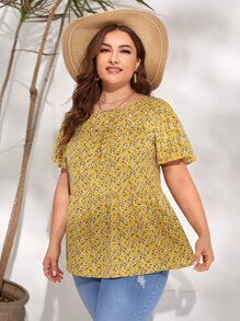 SHEIN VCAY Plus Ditsy Floral Butterfly Sleeve Blouse - Mustard Yellow - View 5