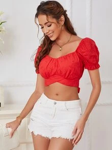 Eilly Bazar 泡泡袖後繫帶網眼刺繡女僕風短版上衣