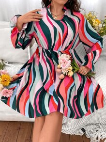 SHEIN Holidaya Vestido de rayas de colores de manga farol - Multicolor - Ver 1