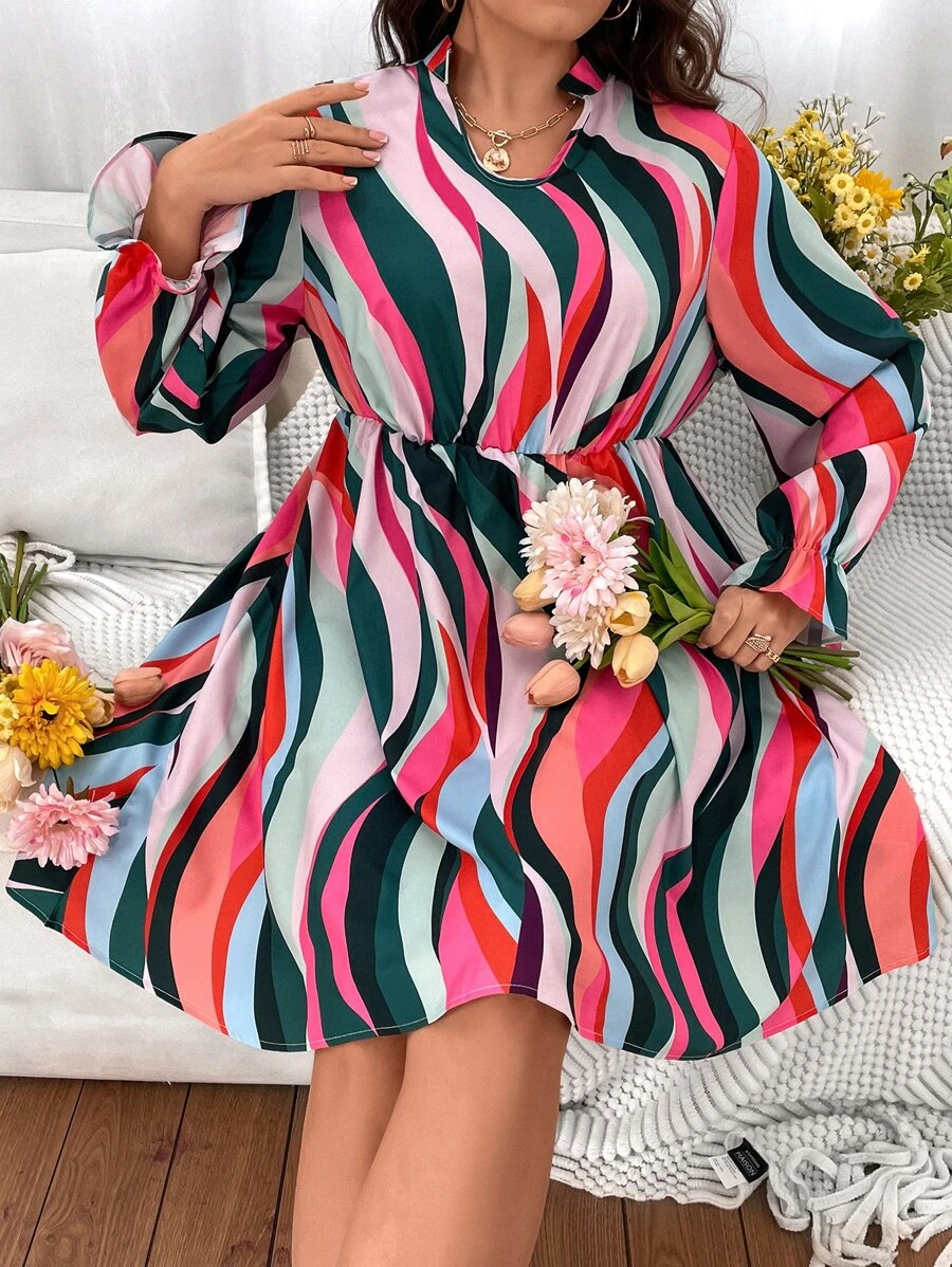 SHEIN Holidaya Vestido de rayas de colores de manga farol - Multicolor - Ver 1