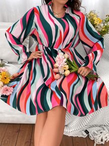 SHEIN Holidaya Vestido de rayas de colores de manga farol - Multicolor - Ver 4