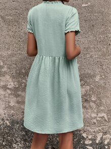 SHEIN VCAY Frill Trim Puff Sleeve Smock Dress - Green - View 2