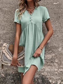 SHEIN VCAY Frill Trim Puff Sleeve Smock Dress - Green - View 4