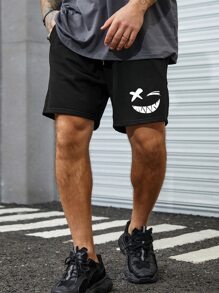 Manfinity EMRG 男士表情圖案腰部抽繩短褲 - 黑色 - 查看 3