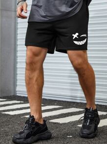 Manfinity EMRG 男士表情圖案腰部抽繩短褲 - 黑色 - 查看 4