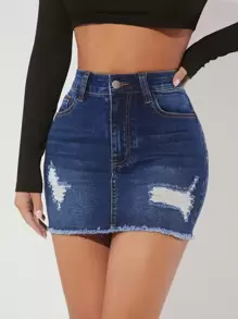 SHEIN PETITE Ripped Raw Hem Denim Skirt - Dark Wash - View 1