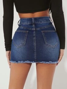 SHEIN PETITE Ripped Raw Hem Denim Skirt - Dark Wash - View 2