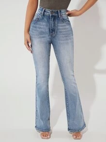 SHEIN PETITE Washed Flare Leg Jeans - Light Wash - View 1