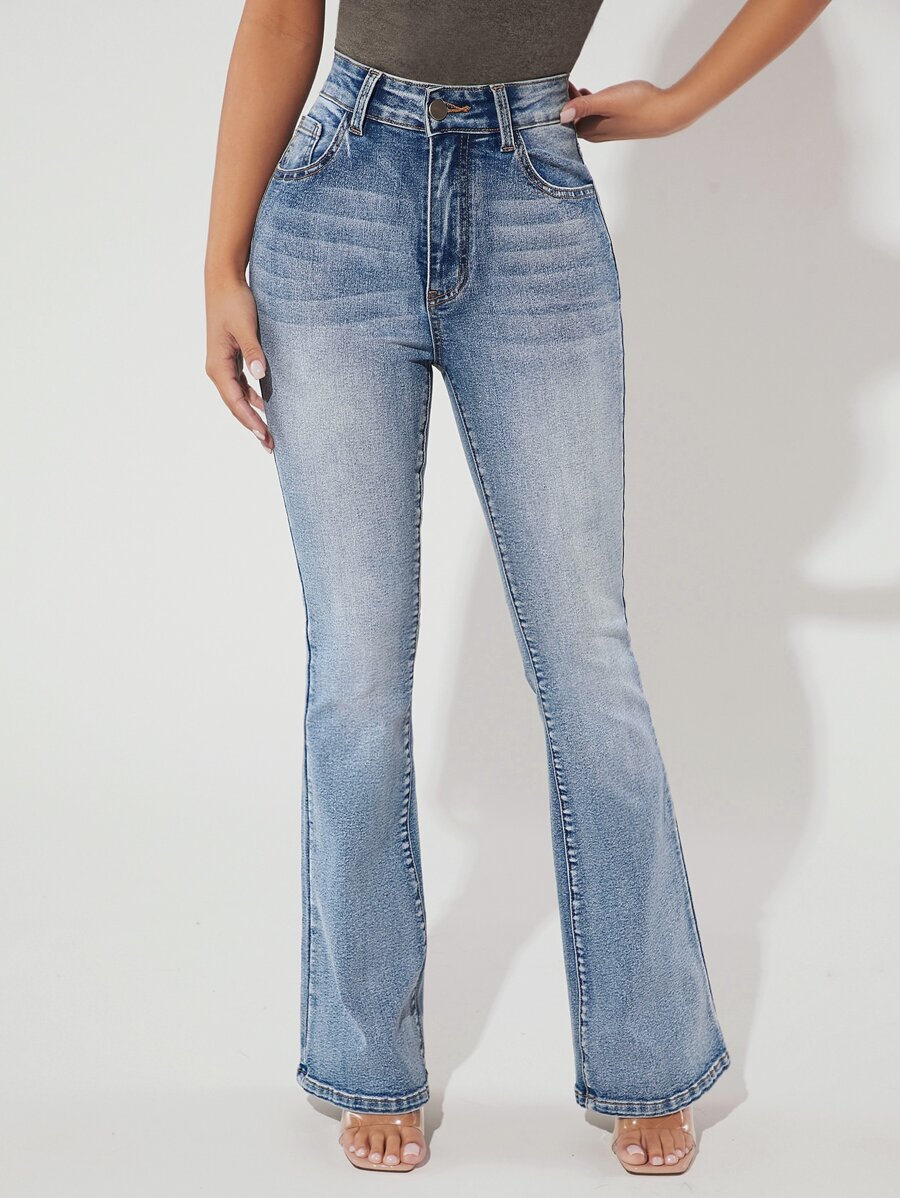 SHEIN PETITE Washed Flare Leg Jeans - Light Wash - View 1