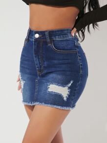 SHEIN PETITE Ripped Raw Hem Denim Skirt - Dark Wash - View 4