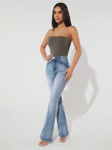 SHEIN PETITE Washed Flare Leg Jeans - Light Wash - View 3