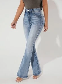 SHEIN PETITE Washed Flare Leg Jeans - Light Wash - View 4