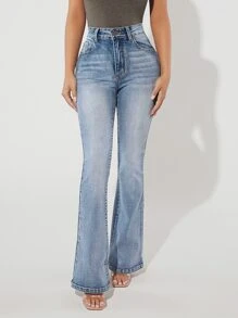 SHEIN PETITE Washed Flare Leg Jeans - Light Wash - View 5