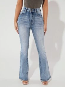 SHEIN PETITE Washed Flare Leg Jeans - Light Wash - View 6