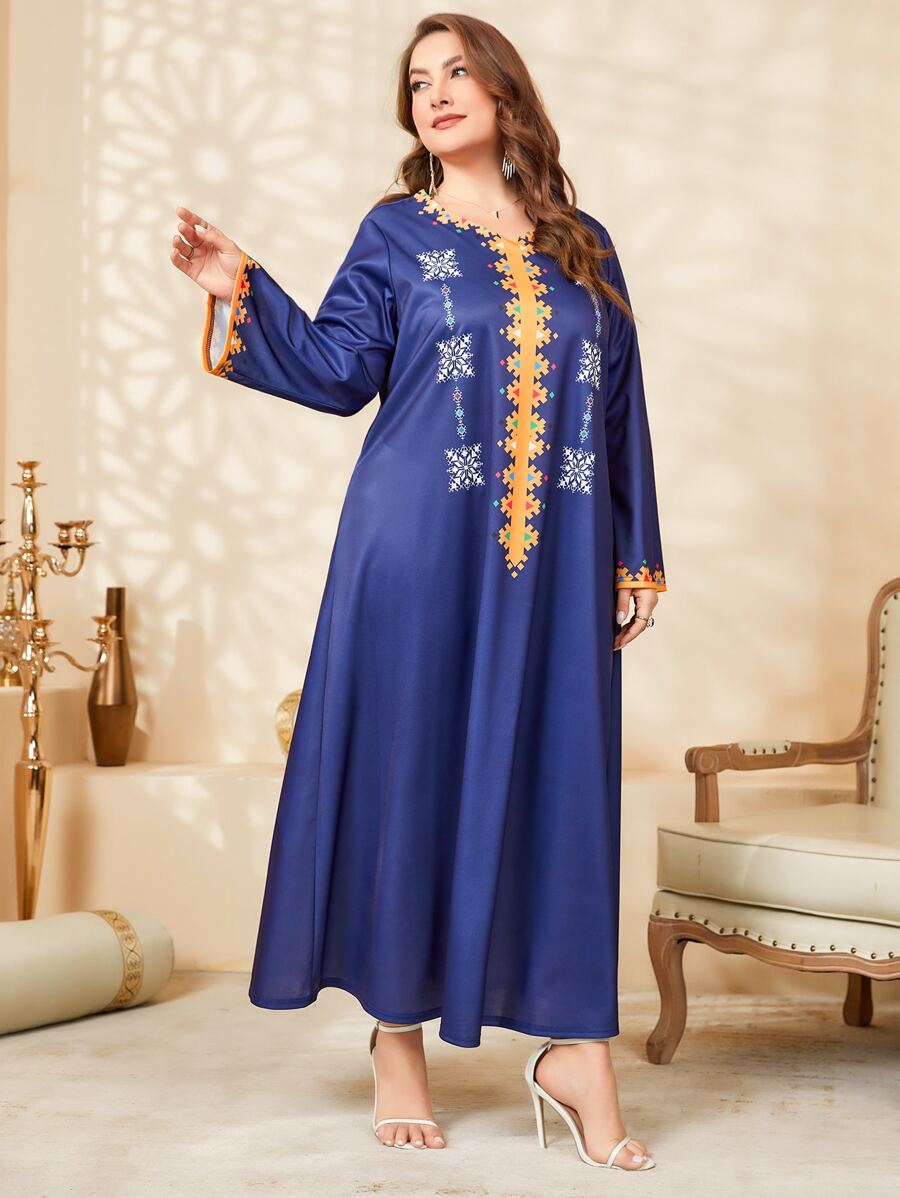 Al Najma Plus Geo Print V Neck Dress - Blue - View 1