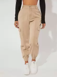 SHEIN PETITE Flap Pocket Side Cargo Jeans - Khaki - View 1