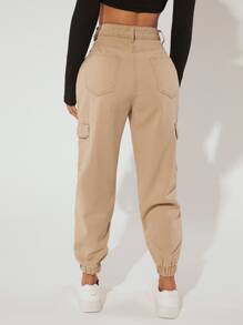 SHEIN PETITE Flap Pocket Side Cargo Jeans - Khaki - View 2