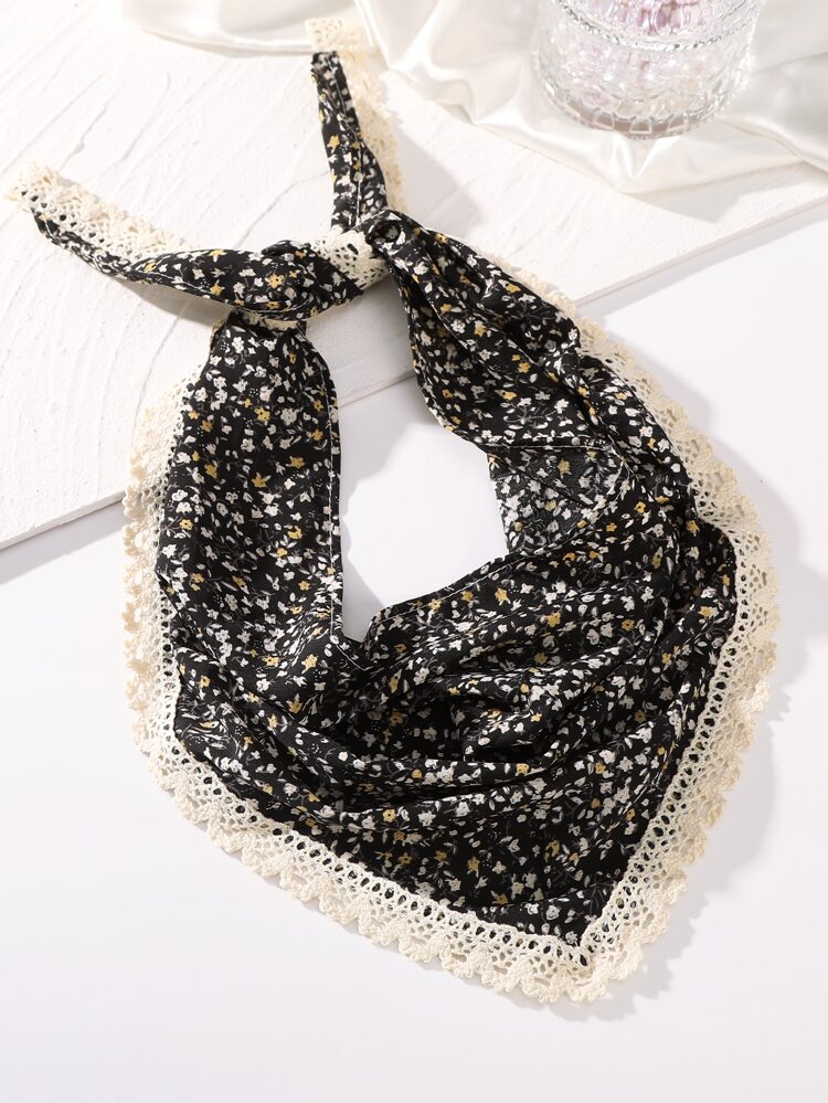 Ditsy Floral Pom Pom Trim Kerchief,Classic Retro Suitable For Holiday Daily Outings Boho Bandanas Head Bandana Hair Scarf, School Stuff, College Fall Winter Headbands For Women Hair Band Hair Accessories For Women For Vacation Outfits Woman