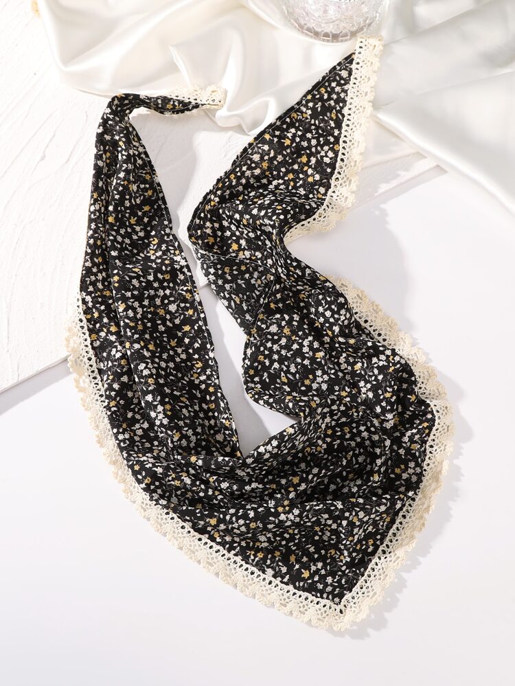 Ditsy Floral Pom Pom Trim Kerchief,Classic Retro Suitable For Holiday Daily Outings Boho Bandanas Head Bandana Hair Scarf, School Stuff, College Fall Winter Headbands For Women Hair Band Hair Accessories For Women For Vacation Outfits Woman