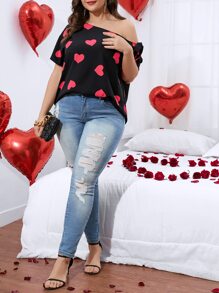 SHEIN Unity 大碼愛心圖案不對稱領襯衫 - 彩色 - 查看 3