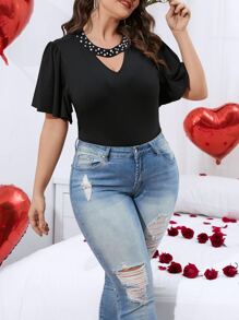 SHEIN LUNE Plus Pearls Beaded Cut Out Butterfly Sleeve Bodysuit - Black - View 5