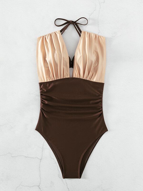 SHEIN Swim Vcay Colorblock Ruched Halter One Piece Swimsuit With Bra