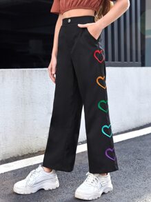 SHEIN 少女基本編織彩虹心形刺繡直筒褲，側邊條紋及彈性腰帶，附有口袋 - 黑色 - 查看 3