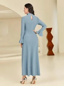 Modelyn Ruched Button Front Flounce Sleeve Dress - Blue - View 2