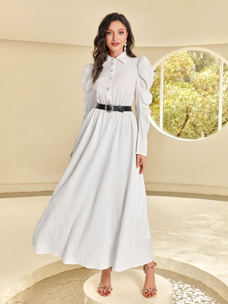 Modelyn Solid Button Front Shirt Dress Without Belt - White - View 1