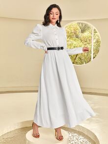 Modelyn Solid Button Front Shirt Dress Without Belt - White - View 4