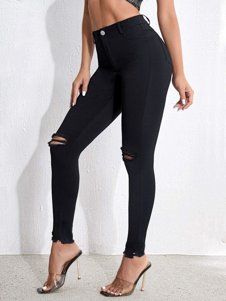 Ripped Raw Hem Skinny Jeans - Black - View 1