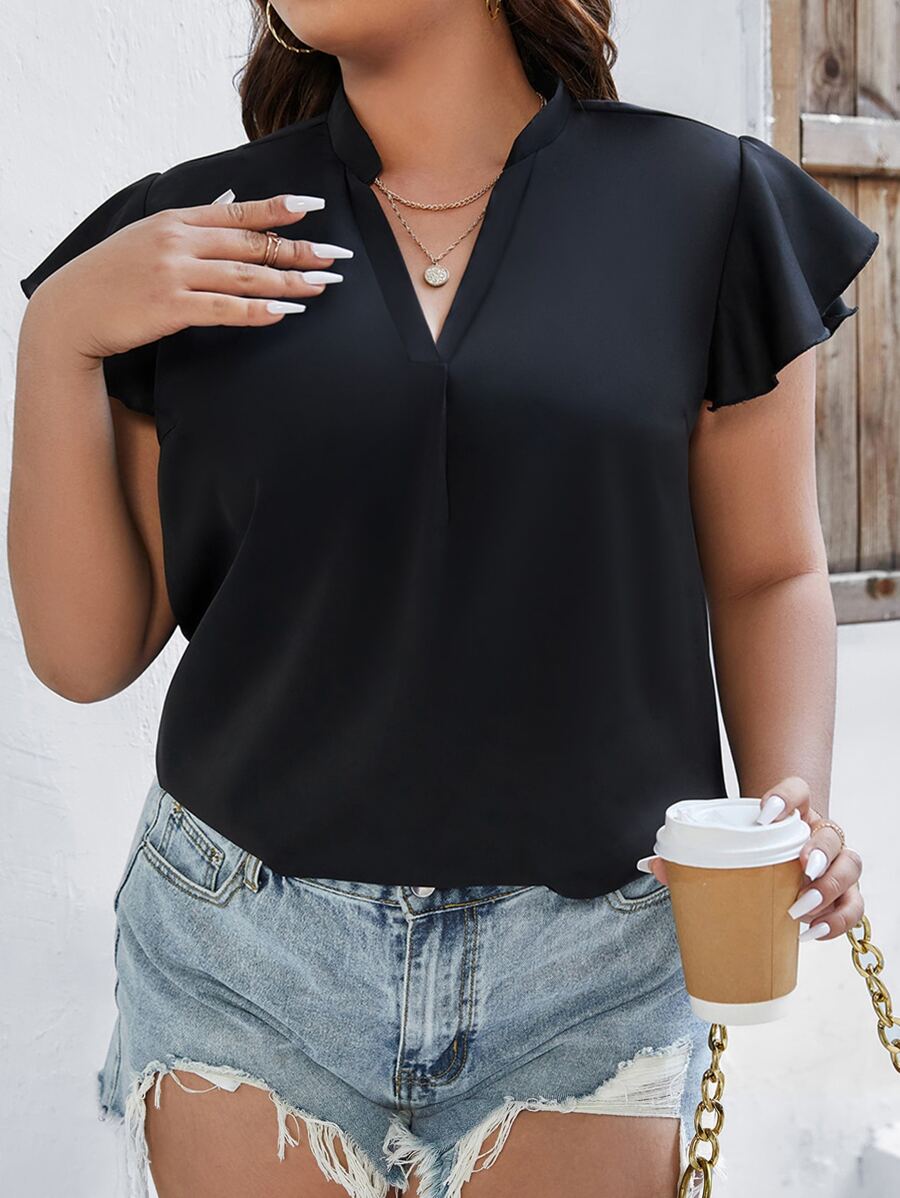 SHEIN LUNE Plus Notched Neckline Batwing Sleeve Blouse - Black - View 1