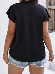 SHEIN LUNE Plus Notched Neckline Batwing Sleeve Blouse - Black - View 2