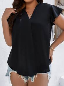 SHEIN LUNE Plus Notched Neckline Batwing Sleeve Blouse - Black - View 3