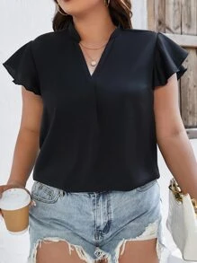 SHEIN LUNE Plus Notched Neckline Batwing Sleeve Blouse - Black - View 5