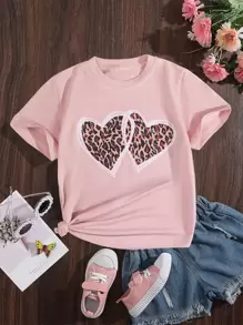 SHEIN Toddler Girls Leopard & Heart Print Tee - Baby Pink - View 1