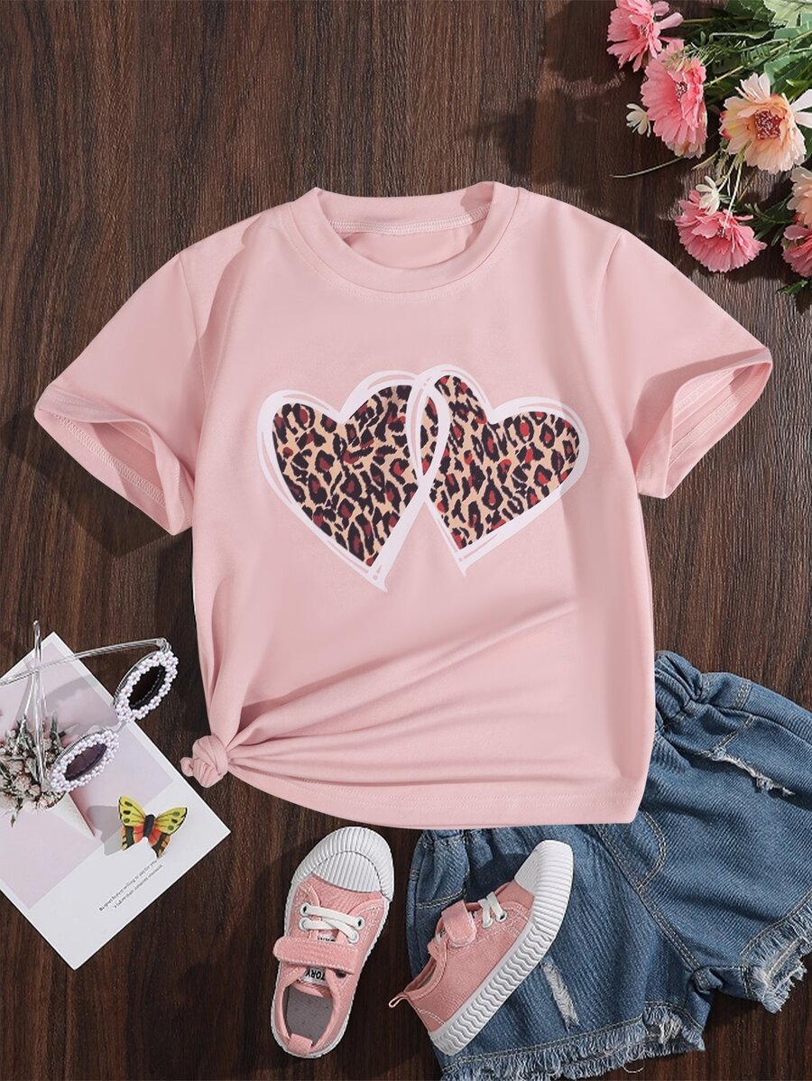 SHEIN Toddler Girls Leopard & Heart Print Tee - Baby Pink - View 1