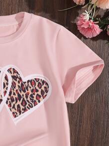 SHEIN Toddler Girls Leopard & Heart Print Tee - Baby Pink - View 4