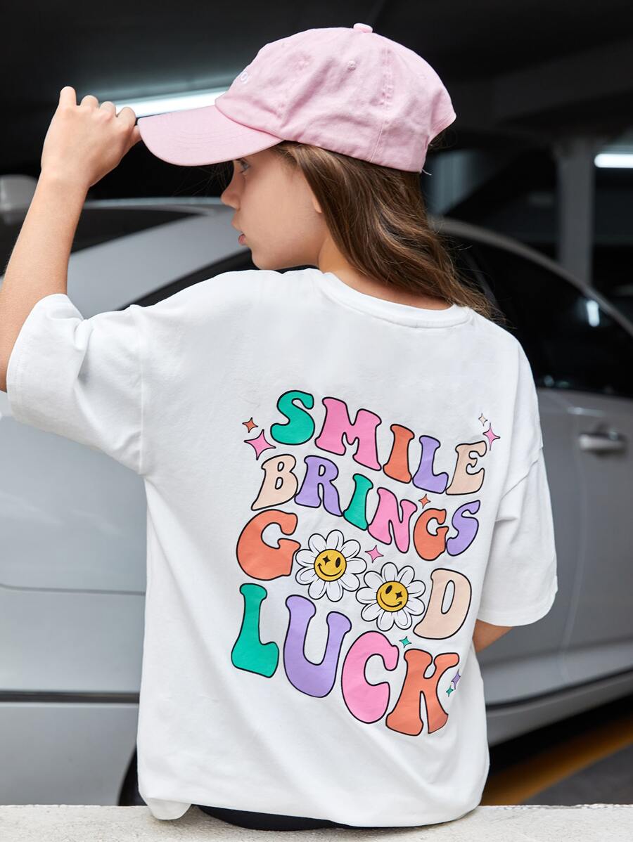 SHEIN Girls Slogan & Cartoon Face Print Drop Shoulder Tee - White - View 1