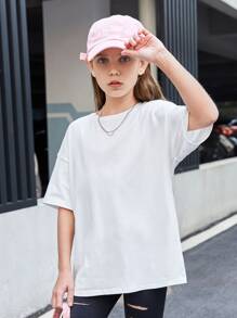 SHEIN Girls Slogan & Cartoon Face Print Drop Shoulder Tee - White - View 2