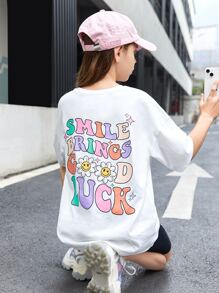 SHEIN Girls Slogan & Cartoon Face Print Drop Shoulder Tee - White - View 3