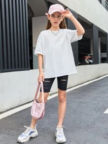 SHEIN Girls Slogan & Cartoon Face Print Drop Shoulder Tee - White - View 4