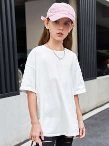 SHEIN Girls Slogan & Cartoon Face Print Drop Shoulder Tee - White - View 5