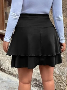 Celure Plus High Waist Two Layer Hem Skirt - Black - View 3