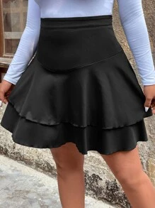 Celure Plus High Waist Two Layer Hem Skirt - Black - View 1