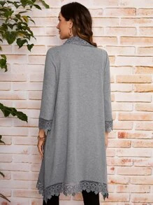 SHEIN LUNE Abrigo con encaje en contraste con parte delantera abierta - Gris - Ver 3